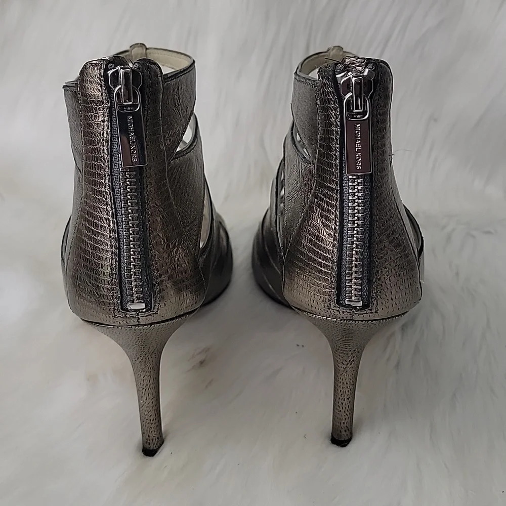 MICHAEL KORS Silver‎ Gold Metallic Party Embossed Open Toe Formal Prom Zip Heels
